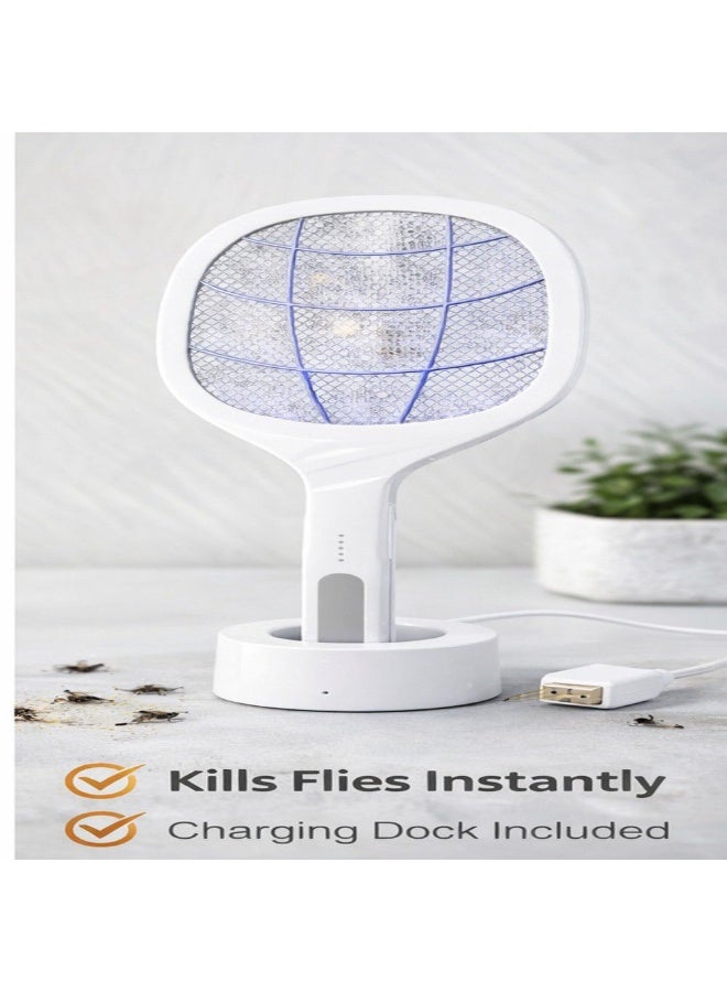 مضرب ناموس كهربائي مزدوج الاستخدام مع قاعدة شحن – إضاءة LED – شبكة أمان مزدوجة – فعال للقضاء على الحشرات الطائرة - Image 3